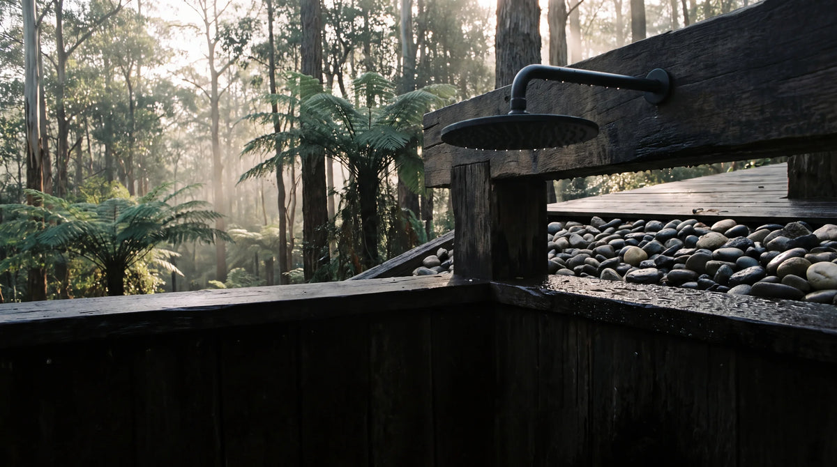 Outdoor rain shower in the Australian bush at sunrise