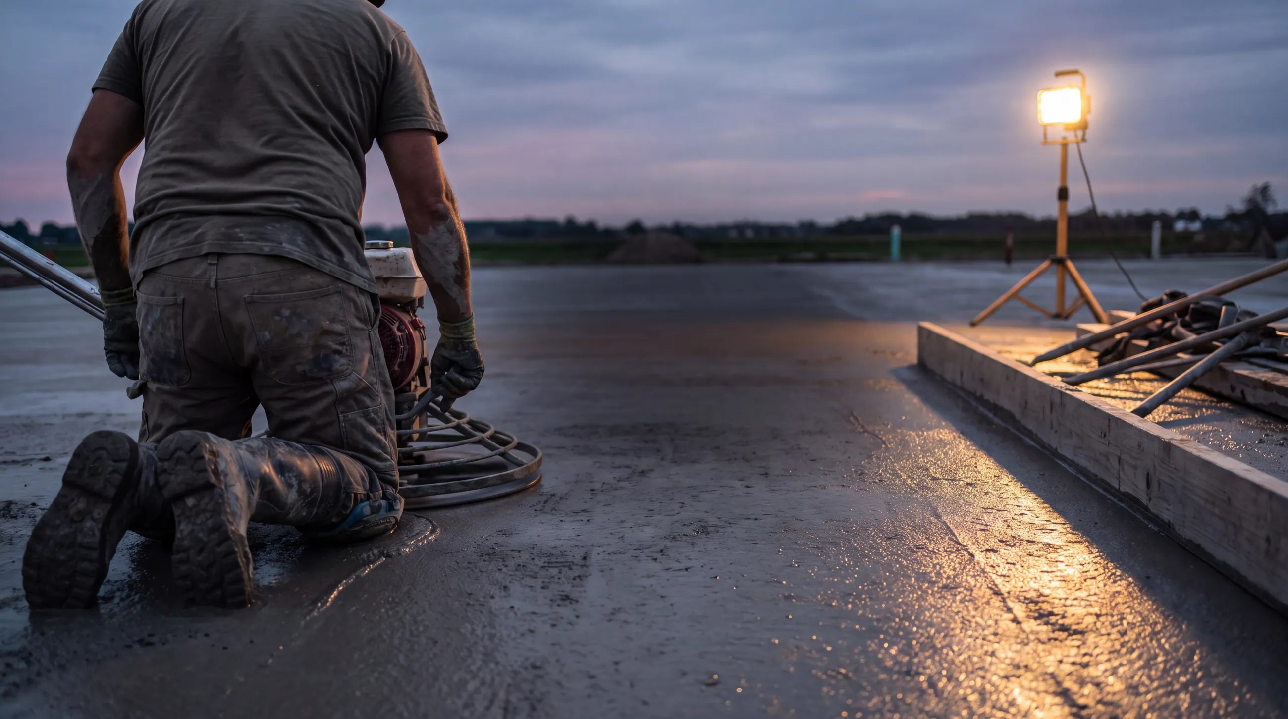 Finishing a concrete slab at dusk