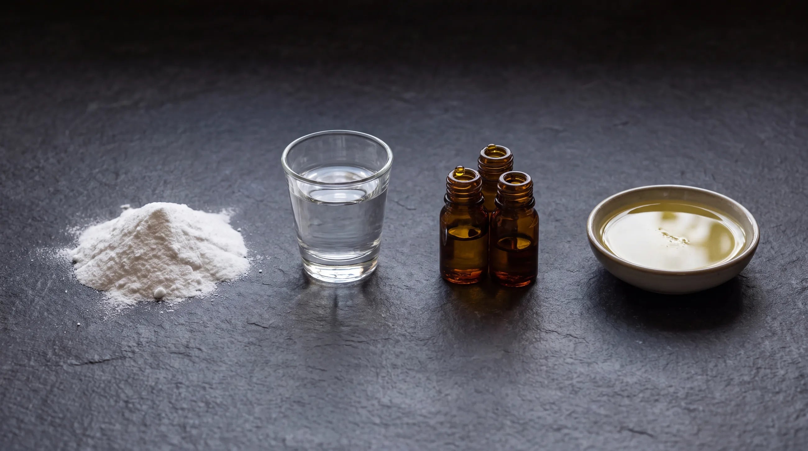The four ingredients: bicarbonate soda, distilled vodka, essential oils and castor oil