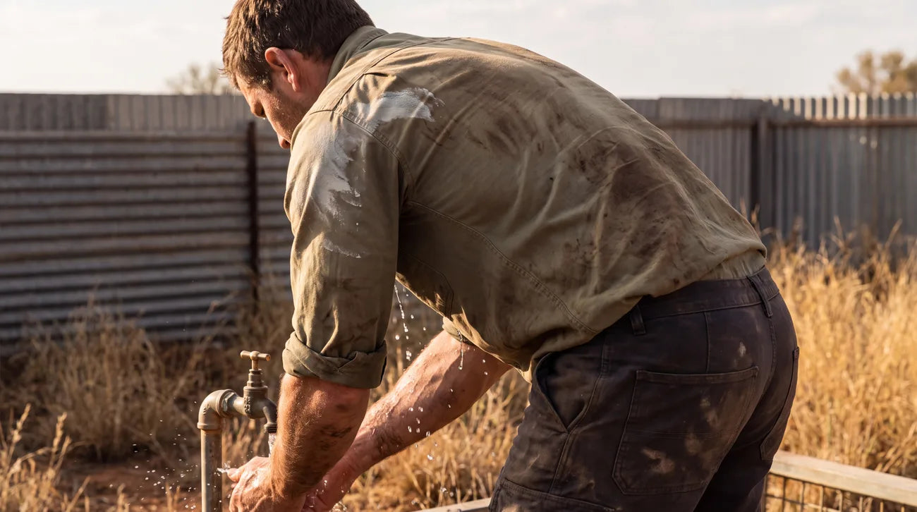 Washing up at an outdoor tap after a day's work