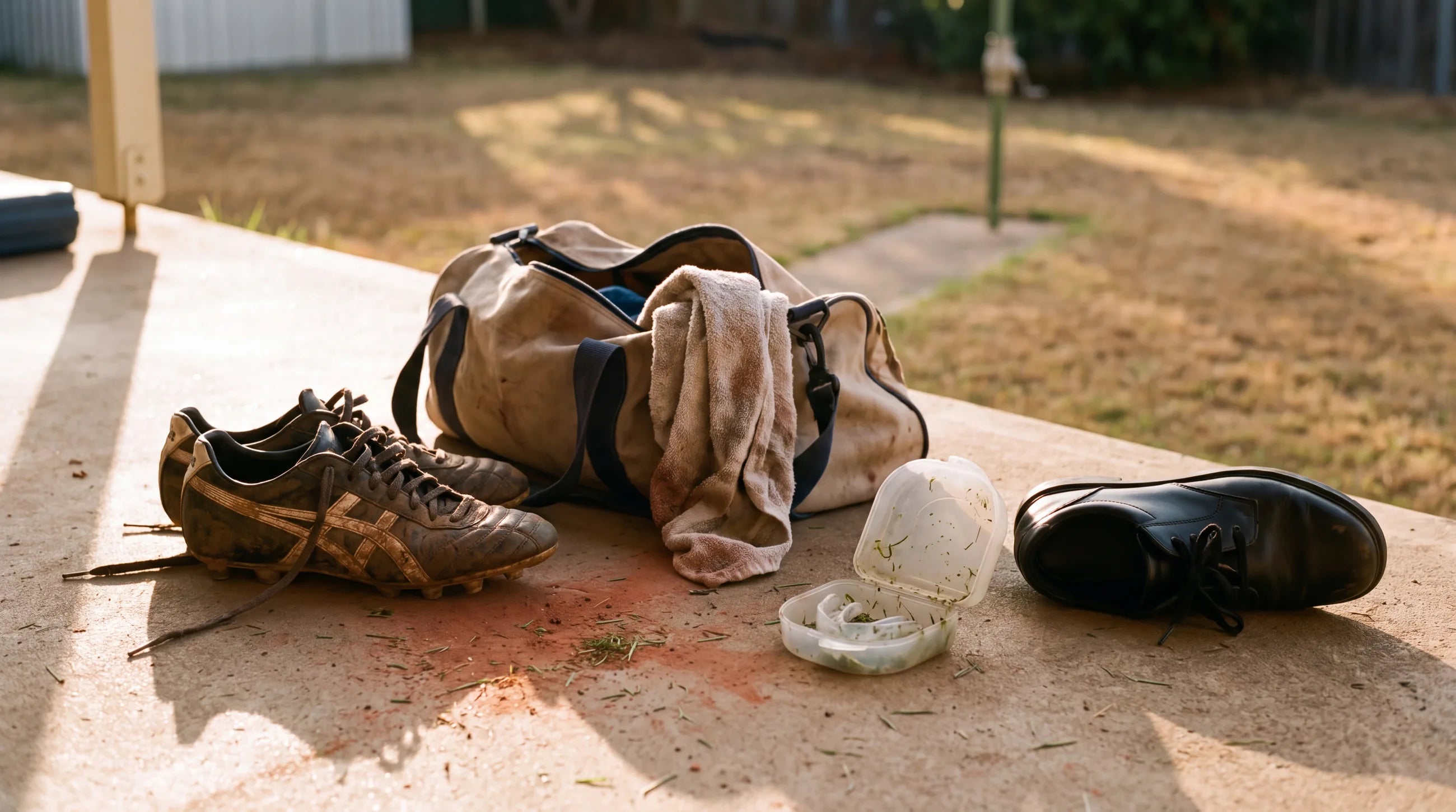 Muddy football boots and a sports bag dumped on the back step after training